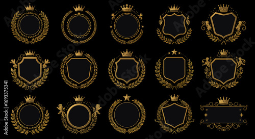 A luxurious collection of golden royal crowns, elegant shields, and vintage frames, perfect as vector graphic elements for sophisticated design projects.