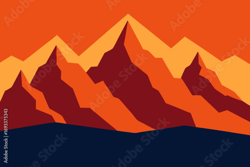 Abstract geometric mountain range landscape at sunset with dark blue foreground