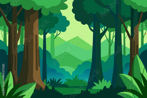 Vibrant green forest landscape with layered trees and rolling hills