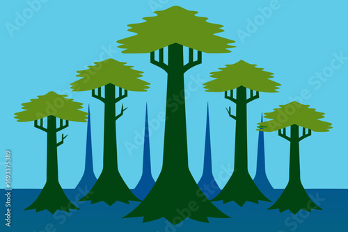 Stylized illustration of tall cypress trees in a calm blue swamp environment