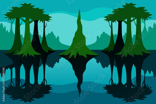 Stylized cypress trees reflected in calm water with distant hills