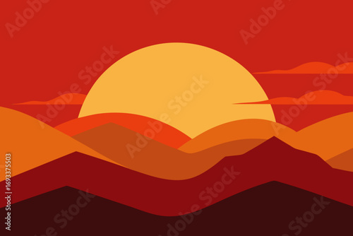 Vibrant sunset over rolling hills with abstract clouds