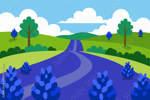 Stylized landscape with a winding road leading through rolling green hills under a blue sky