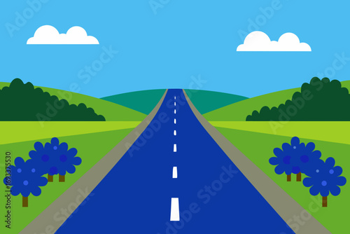 Straight highway leading through rolling green hills under a blue sky
