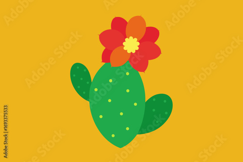 Stylized green cactus with bright red and orange flower on yellow background