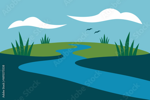 Stylized illustration of a winding blue river flowing through green hills under a blue sky with white clouds and birds
