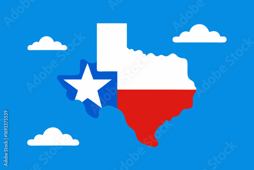 Texas state map silhouette filled with texas flag colors under blue sky with clouds
