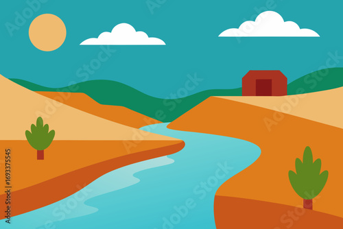 Flat design landscape with flowing river rolling hills and a small red barn
