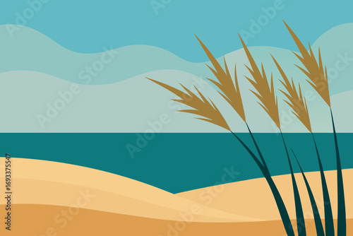 Stylized beach landscape with dune grass and ocean under wavy sky