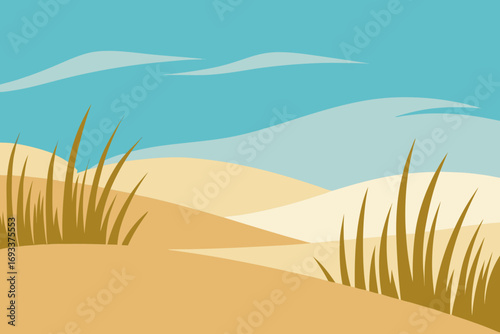 Stylized abstract landscape of sand dunes and grass under a blue sky