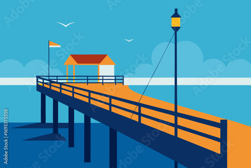 A minimalist illustration of a pier extending into the ocean under a clear blue sky