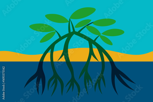 Stylized illustration of a mangrove tree with exposed roots in blue water and sandy shore
