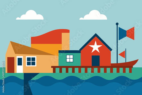 Colorful cartoon houses on stilts over blue water with flags and clouds