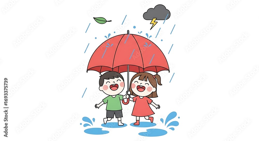 Fototapeta premium Cartoon illustration of two children under a red umbrella in the rain with a storm cloud above them