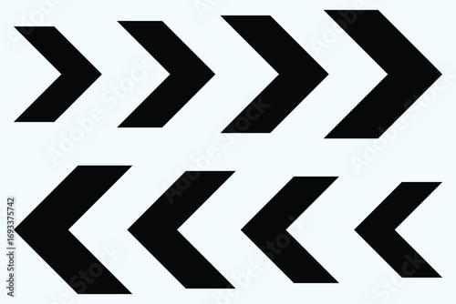 Chevron arrow patterns set. Chevron shape line. Motion direction road line. Triangle arrow sign. Warning repeat striped. Swipe icon. dynamic moving arrow symbol. speed arrow icon. road lines arrow
