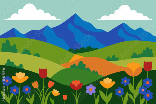 Vibrant spring landscape with rolling hills mountains and colorful flowers