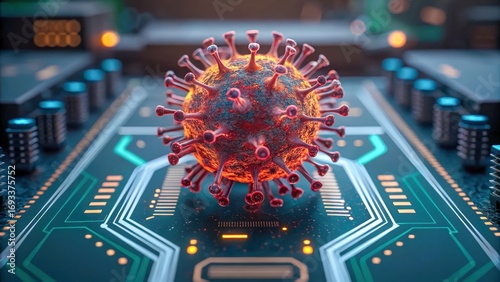 AI threats healthcare systems, cybersecurity alert concept with virus model circuit board, digital risk visualization, urgent tone for medical