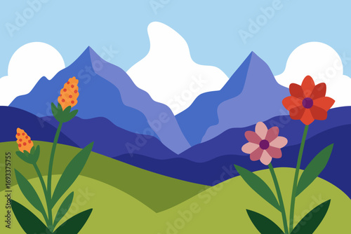 Stylized mountain landscape with wildflowers and rolling green hills under a blue sky