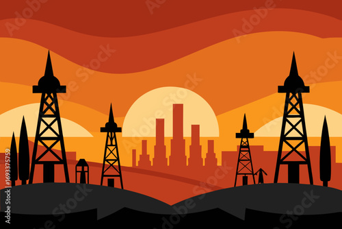 Oil rigs and city skyline silhouetted against a vibrant sunset sky