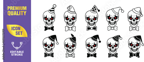 A set of ten handdrawn skull icons, each adorned with a unique clown hat and bow tie, creating a whimsical yet macabre collection perfect for halloween or edgy designs