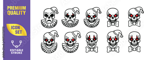 Set of ten scary clown skull icons creepy and spooky halloween skeleton head with hat, ruff, and bow tie horror and circus theme vector illustration