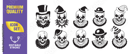Set of ten scary clown skull icons creepy and spooky halloween skeleton head with hat, ruff, and collar horror and circus theme vector illustration