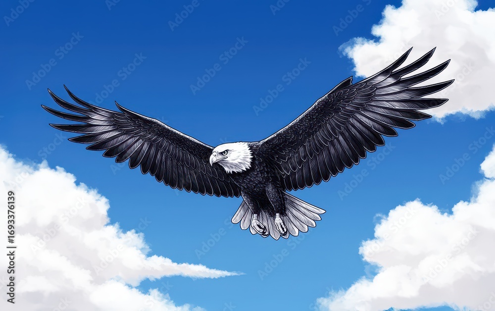 Obraz premium Soaring Eagle in the Sky: An American bald eagle effortlessly glides through a vibrant blue sky adorned with fluffy, white clouds. Its powerful wings are spread wide.