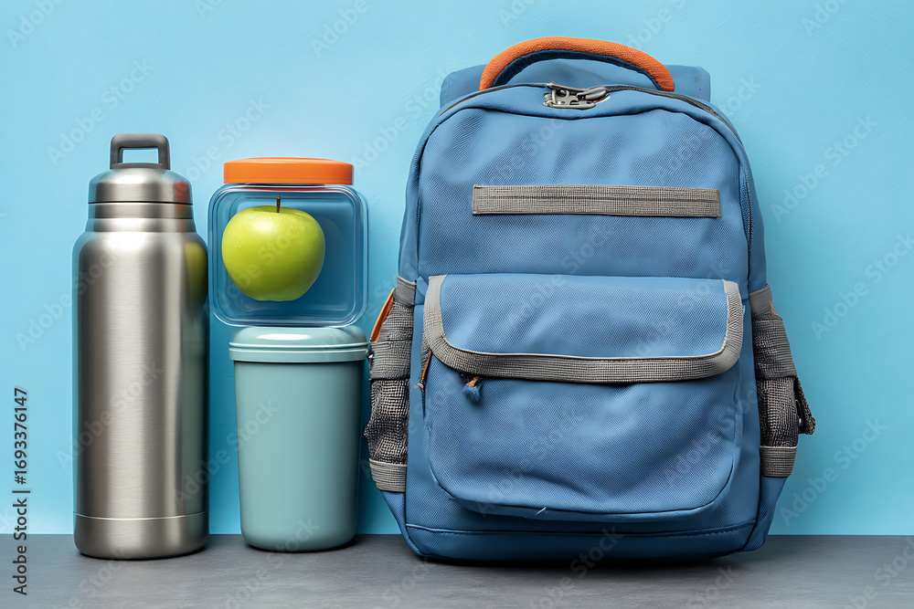 Fototapeta premium Blue backpack with lunch containers and green apple for school or work meal preparation on blue background