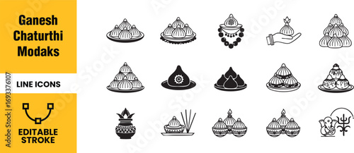 Ganesh chaturthi modak line icons collection of linear icons with modaks, a traditional indian sweet dish, offered to lord ganesha during the festival