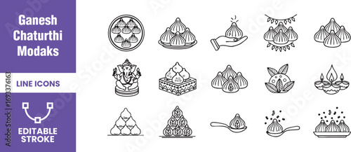Collection of line icons of modak, a traditional indian sweet, for ganesh chaturthi festival handdrawn vector illustration of the treat offered to ganesha