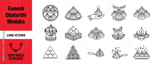 Ganesh chaturthi modak line icons collection of linear icons with modaks, a traditional indian sweet dish, offered to lord ganesha during the festival