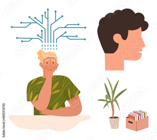 Person reflecting with blue circuit mind map, profile silhouette, houseplant, and file organizer. Ideal for creativity, innovation, technology, critical thinking, organization personal growth