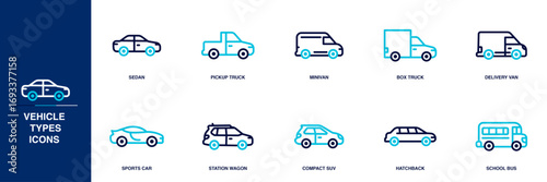 Vehicle Types Blue Colored Outline Icon Set