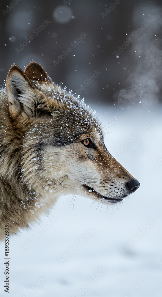 custom made wallpaper toronto digitalSide profile of a gray wolf exhaling in cold air, detailed fur texture, snowy background