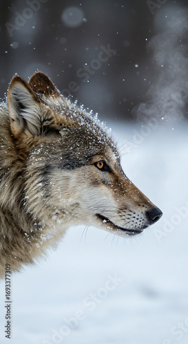Wallpaper Mural Side profile of a gray wolf exhaling in cold air, detailed fur texture, snowy background Torontodigital.ca