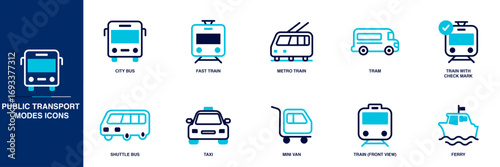 Public Transport Modes Blue Colored Outline Icon Set