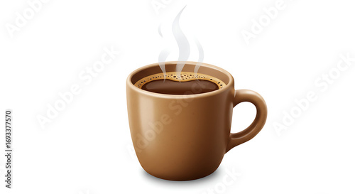 Realistic emoji of a steaming cup of coffee, ceramic mug with rich details