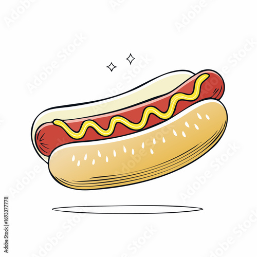 A classic American hot dog with mustard in a cartoon vector style. Delicious grilled sausage in a sesame seed bun, isolated on a white background