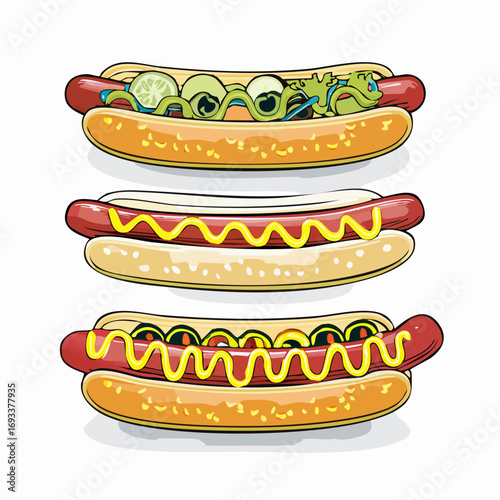 Vector illustration of three delicious hot dogs with various toppings, presented in a clean, isolated style