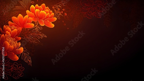 Vibrant, stylized floral design with detailed blossoms and leaves in warm orange-red tones against a dark background.