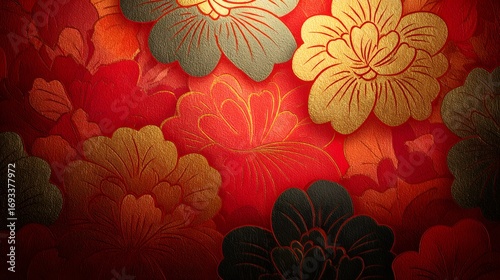 A rich tapestry of stylized flowers in deep reds, golds, and blacks, creating a luxurious and intricate floral design.