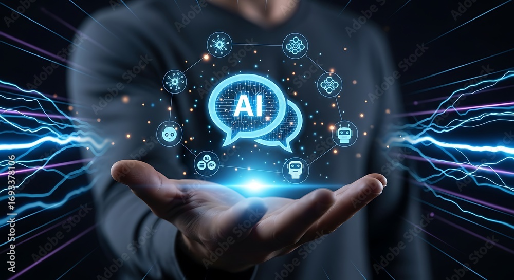 Fototapeta premium Unlock future innovation with dynamic AI technology network connecting intelligent systems and robots