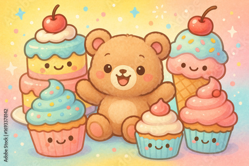 Happy Plush Character Surrounded by Giant Pastel Cakes Cupcakes and Ice Cream Smiling Cartoon Kawaii Illustration