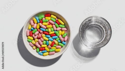 Colorful candies in a bowl with a glass of water