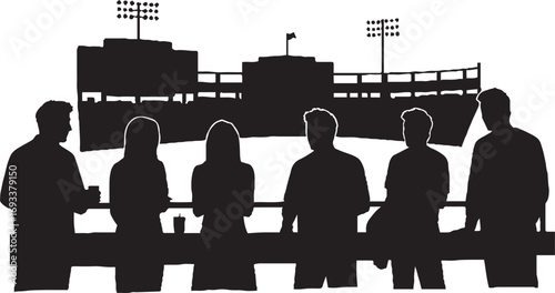 Group of Spectators Watching Event from Stadium Railing Silhouette Vector Illustration