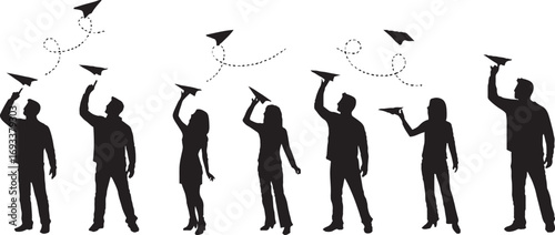 People Silhouettes Launching Paper Airplanes with Dotted Flight Paths, Communication and Idea Concept