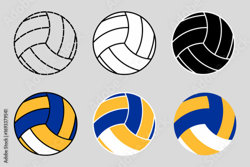 Set of volleyball ball icons in various styles including flat, outline, black and white, and color versions. Perfect for sports logos, infographics, posters, and graphic resources. Vector illustration