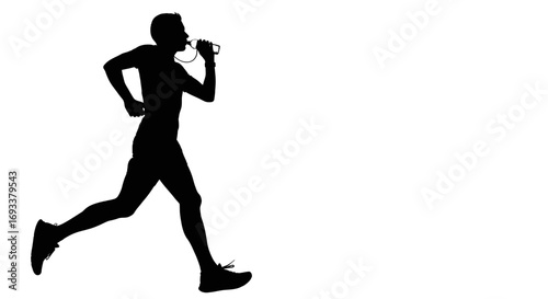 Dynamic silhouette illustration of a runner with a bottle, emphasizing speed and endurance on a