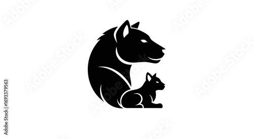 Elegant emblem portraying the silhouette of a large wolf protecting a smaller cub gracefully