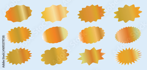 Simple golden gradient starburst shapes. Sticker, label, promotional badge vector elements. Flash offer banner, coupon or poster. Discount sticker shape. Vector